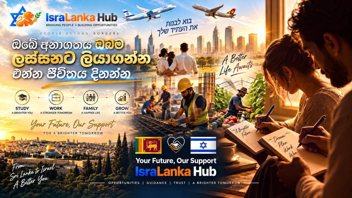 IsraLanka Hub promotional banner featuring diverse people, cityscape, and messages about study, work, family and growth opportunities